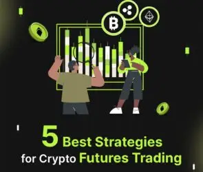 Bitunix Two people analyzing a digital chart with cryptocurrency symbols. The text reads: 5 Best Strategies for Crypto Futures Trading in white and green letters on a dark background.