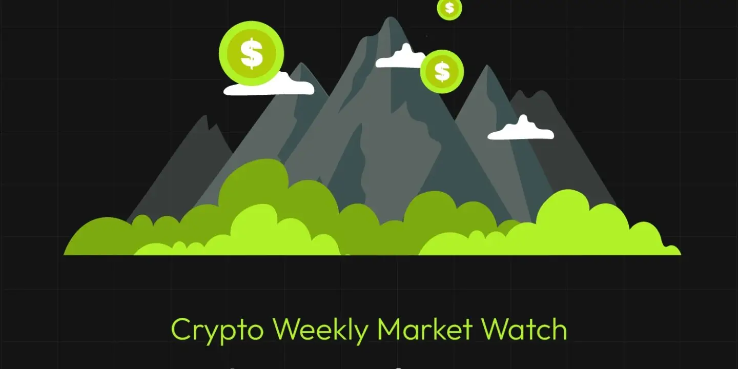 Bitunix Illustration of mountains with floating dollar coins and clouds above, featuring the text: Crypto Weekly Market Watch. The Start of a Surge or the Peak of the Mountain? on a dark background.