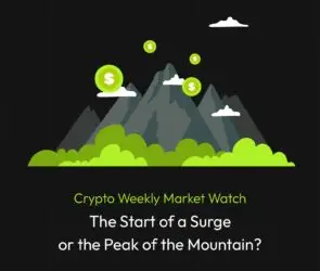 Bitunix Illustration of mountains with floating dollar coins and clouds above, featuring the text: Crypto Weekly Market Watch. The Start of a Surge or the Peak of the Mountain? on a dark background.