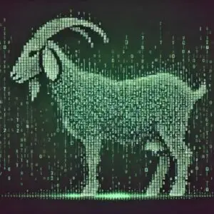 Bitunix A goat is depicted using glowing green digital code on a dark background, resembling the style of the Matrix. Numbers and symbols form the outline and details of the animal.
