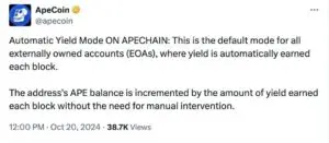 Bitunix A tweet from ApeCoin explaining that in APECHAIN, Automatic Yield Mode is the default for externally owned accounts, allowing yield to be earned and added to the APE balance each block automatically.