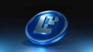 Bitunix A shiny blue coin with a raised Litecoin logo in the center, resting on a reflective blue surface against a dark gradient background.