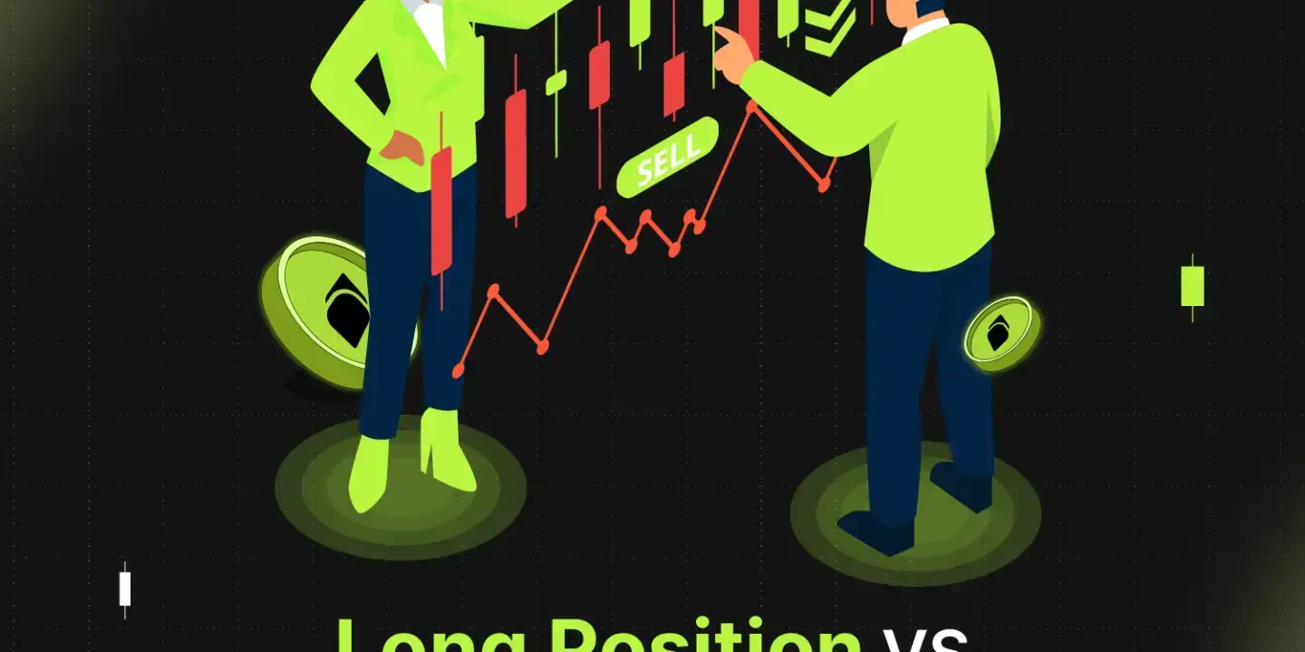 Bitunix Two people analyzing a stock chart with buy and sell signs. The chart has green and red candlesticks. Text below reads: Long Position VS Short Position: Main Differences.