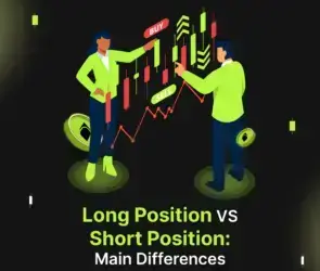 Bitunix Two people analyzing a stock chart with buy and sell signs. The chart has green and red candlesticks. Text below reads: Long Position VS Short Position: Main Differences.