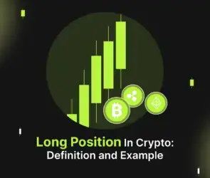 Bitunix A graphic showing green candlestick chart bars, cryptocurrency icons (Bitcoin and Ethereum), and the text Long Position in Crypto: Definition and Example on a dark background, visually illustrating what a long position means in crypto trading.