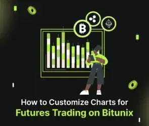 Bitunix A person stands with a tablet in front of a large candlestick chart, with Bitcoin and Ethereum icons above. Text reads: How to Customize Charts for Futures Trading on Bitunix. The background is black with green highlights.