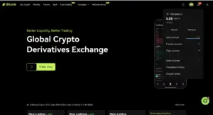 Bitunix A webpage for Bitunix, a global crypto derivatives exchange, featuring a Trade Now button, Deposit option, navigation menu, and a phone displaying a trading interface. The page has a dark background with green and white text.