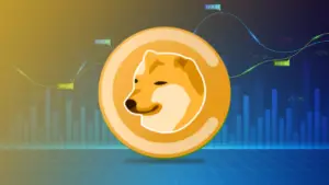 Bitunix A large Dogecoin logo featuring a Shiba Inu dog is centered over a background of rising bar charts and financial graphs, symbolizing the growth of cryptocurrency and trends in markets like Solana memecoins.