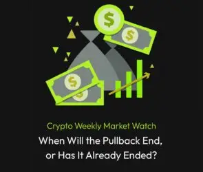 Bitunix Illustration with dollar bills, a rising bar chart, and an upward arrow. Text reads: Crypto Weekly Market Watch. When Will the Pullback End, or Has It Already Ended? on a dark grid background.