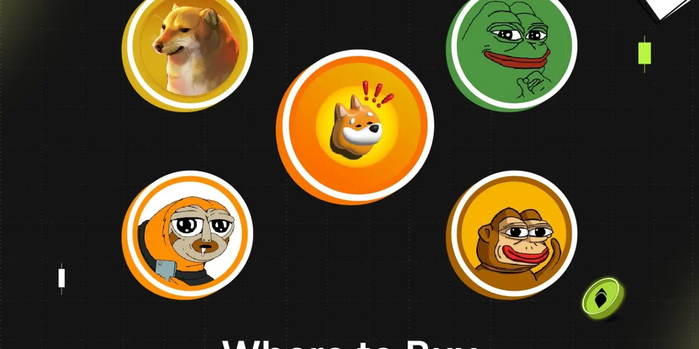 Bitunix A graphic with cartoon meme coin icons—a dog, frog, and monkey—surrounded by question marks. Text at the bottom asks, Where to Buy Solana Memecoins? on a dark grid background, highlighting the rise of Solana memecoins.