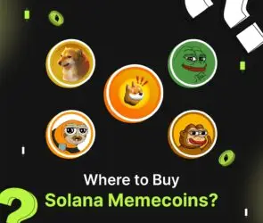 Bitunix A graphic with cartoon meme coin icons—a dog, frog, and monkey—surrounded by question marks. Text at the bottom asks, Where to Buy Solana Memecoins? on a dark grid background, highlighting the rise of Solana memecoins.