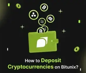 Bitunix A green wallet with cryptocurrency icons like Bitcoin, Ethereum, and Ripple above it. Text below reads, How to Deposit Cryptocurrencies on Bitunix? on a dark background, highlighting simple steps for your next deposit.