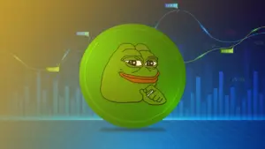 Bitunix A green coin featuring the Pepe the Frog meme is centered against a digital background of stock charts, price lines, and glowing blue bar graphs, capturing the financial growth and trends seen in Solana memecoins.
