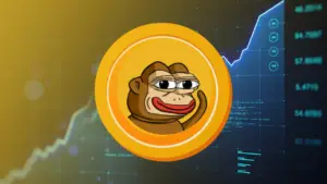 Bitunix A coin featuring a cartoon frog with a wry smile is centered over a background showing a digital financial chart with a sharply rising line, symbolizing the explosive growth of solana memecoins.
