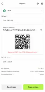 Bitunix A cryptocurrency deposit screen for USDT (Tron TRC-20) displays your unique deposit address, a QR code, and options to save the image or copy the address. The minimum deposit amount is 0.1 USDT.