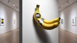 Bitunix A bunch of bananas with a BAN TOKEN sticker is duct-taped to a white gallery wall; framed artworks hang on the surrounding walls in the minimalist exhibition space. | Bitunix Bitunix A bunch of bananas with a BAN TOKEN sticker is duct-taped to a white gallery wall; framed artworks hang on the surrounding walls in the minimalist exhibition space.