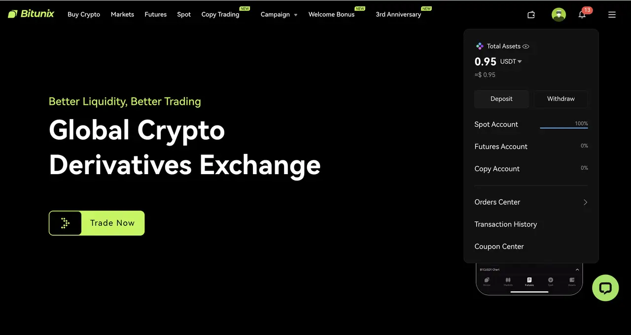 Bitunix Screenshot of Bitunix's homepage with the tagline Better Liquidity, Better Trading. Global Crypto Derivatives Exchange and a sidebar showing gigachad-sized USDT balances for different account types. A green Try Now button is visible.