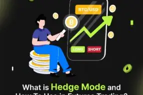 Bitunix Illustration of a person sitting on coins with a large phone displaying BTC/USD, a rising green arrow, and Long and Short buttons. Text reads: What is Hedge Mode and How To Use Hedge Mode in Futures Trading?.