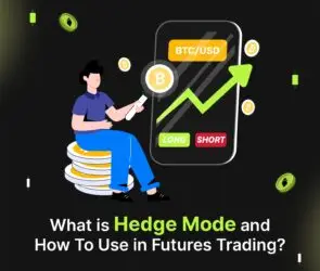 Bitunix Illustration of a person sitting on coins with a large phone displaying BTC/USD, a rising green arrow, and Long and Short buttons. Text reads: What is Hedge Mode and How To Use Hedge Mode in Futures Trading?.