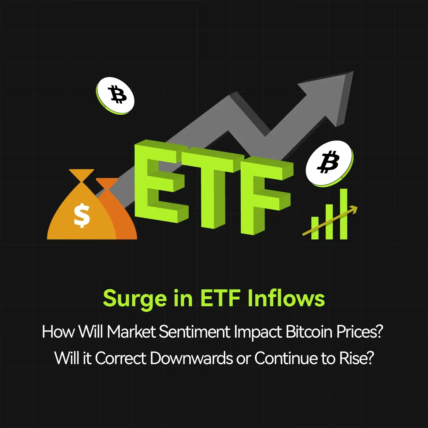 Bitunix A graphic with ETF in large green letters, an upward arrow, Bitcoin symbols, a money bag, and a green graph. Text reads: Surge in ETF Inflows. How Will Market Sentiment Impact Bitcoin Prices? Will it Correct Downwards or Continue to Rise?.