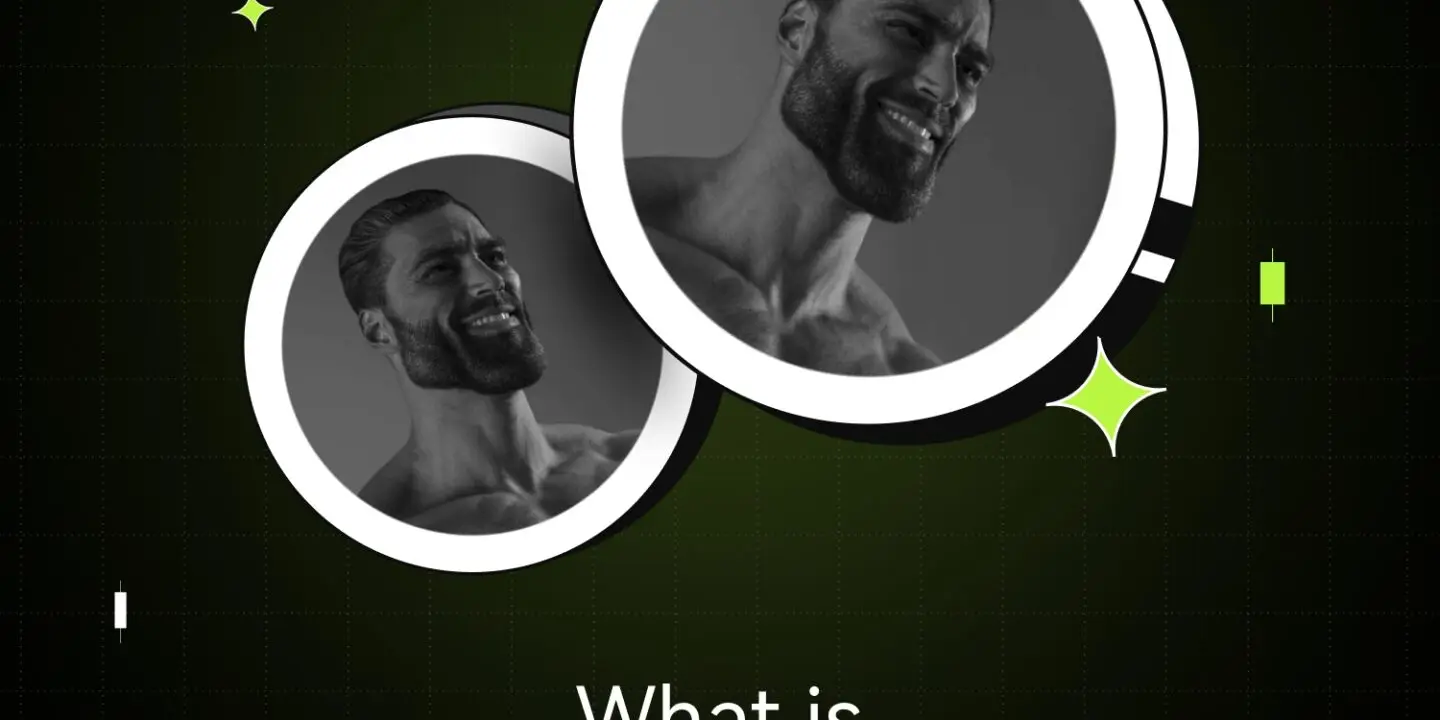 Bitunix Two grayscale photos of a muscular, bearded man smiling—often referred to as gigachad—set in overlapping circular frames on a black background with green accents. Below, text reads: What is Gigachad (GIGA)?.