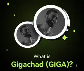 Bitunix Two grayscale photos of a muscular, bearded man smiling—often referred to as gigachad—set in overlapping circular frames on a black background with green accents. Below, text reads: What is Gigachad (GIGA)?.