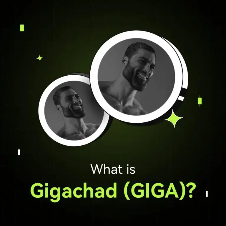 Bitunix Two grayscale photos of a muscular, bearded man smiling—often referred to as gigachad—set in overlapping circular frames on a black background with green accents. Below, text reads: What is Gigachad (GIGA)?.
