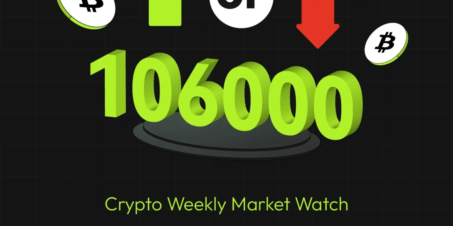 Bitunix Graphic showing Bitcoin icons, a green upward arrow, a red downward arrow, and the number 106,000, with text: Crypto Weekly Market Watch: Another all-time high of 106,000—is it a new rally or a precursor to a correction?.