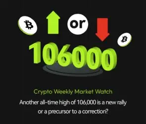 Bitunix Graphic showing Bitcoin icons, a green upward arrow, a red downward arrow, and the number 106,000, with text: Crypto Weekly Market Watch: Another all-time high of 106,000—is it a new rally or a precursor to a correction?.