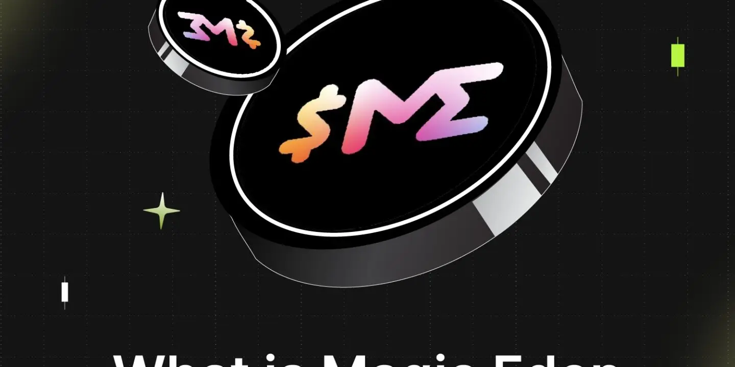 Bitunix Two black coins with a colorful Magic Eden ($ME) logo hover over a dark, grid-patterned background. Small sparkles surround the coins. Text below reads, What is Magic Eden ($ME)? in white and green letters.