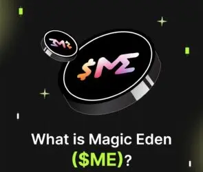 Bitunix Two black coins with a colorful Magic Eden ($ME) logo hover over a dark, grid-patterned background. Small sparkles surround the coins. Text below reads, What is Magic Eden ($ME)? in white and green letters.