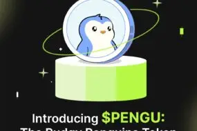 Bitunix A cartoon penguin inside a silver coin sits on a green pedestal, with $PENGU: The Pudgy Penguins Token written below. The black background sparkles with scattered stars, spotlighting $PENGU’s unique charm.