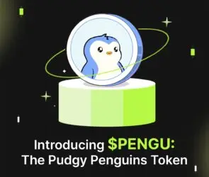 Bitunix A cartoon penguin inside a silver coin sits on a green pedestal, with $PENGU: The Pudgy Penguins Token written below. The black background sparkles with scattered stars, spotlighting $PENGU’s unique charm.