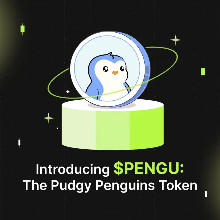 Bitunix A cartoon penguin inside a silver coin sits on a green pedestal, with $PENGU: The Pudgy Penguins Token written below. The black background sparkles with scattered stars, spotlighting $PENGU’s unique charm.