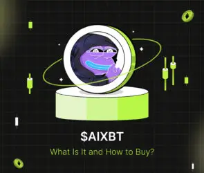 Bitunix A digital illustration features a cartoon frog in a hoodie, surrounded by green and white $AIXBT crypto-themed elements. Text below reads: $AIXBT What Is It and How to Buy? with a dark grid background.