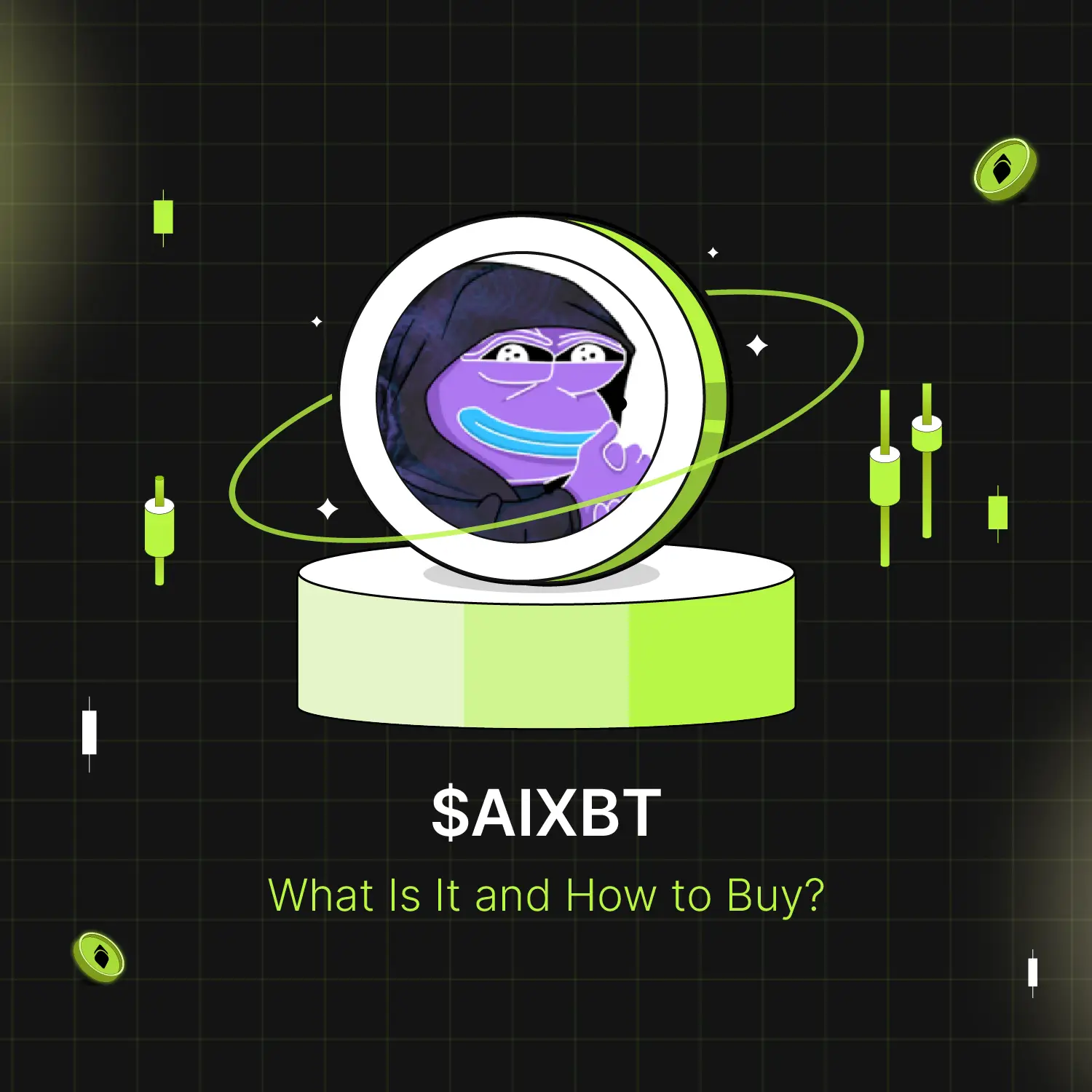 Bitunix A digital illustration features a cartoon frog in a hoodie, surrounded by green and white $AIXBT crypto-themed elements. Text below reads: $AIXBT What Is It and How to Buy? with a dark grid background.