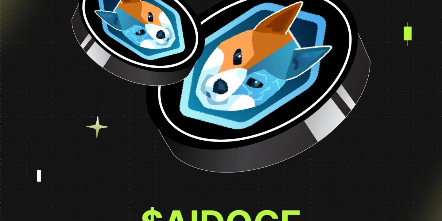 Bitunix Two digital coins featuring a stylized Shiba Inu dog float on a dark grid background. Green text below reads $AIDOGE How to trade? with small star and line accents, highlighting the $AIDOGE crypto theme.