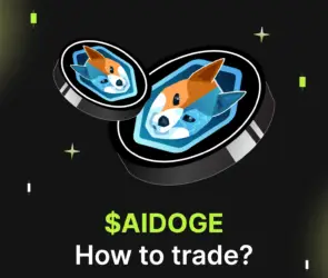 Bitunix Two digital coins featuring a stylized Shiba Inu dog float on a dark grid background. Green text below reads $AIDOGE How to trade? with small star and line accents, highlighting the $AIDOGE crypto theme.
