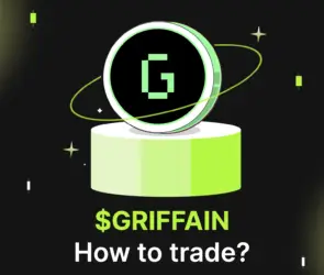 Bitunix A digital coin with a G logo hovers above a round platform. The text below reads $GRIFFAIN How to trade? on a dark background with green and white accents, highlighting the $GRIFFAIN brand.