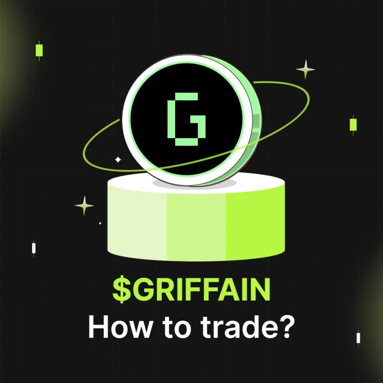 Bitunix A digital coin with a G logo hovers above a round platform. The text below reads $GRIFFAIN How to trade? on a dark background with green and white accents, highlighting the $GRIFFAIN brand.