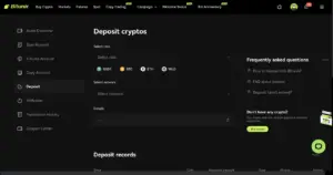 Bitunix A cryptocurrency exchange interface displays the Deposit cryptos section, with options to select a coin (USDT, BTC, ETH, WLD, $AIDOGE), a network, and enter details. A sidebar includes FAQs and a support button for quick assistance.
