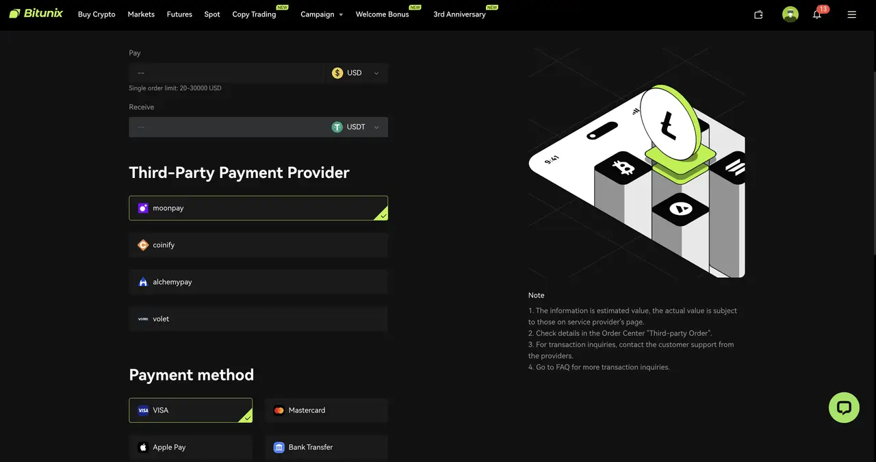 Bitunix A dark-themed payment page shows gigachad options to buy crypto via Visa, Mastercard, or Bank Transfer, with third-party providers like Banxa and AlchemyPay. On the right, a 3D illustration features Bitcoin, Ethereum symbols, and a clock.
