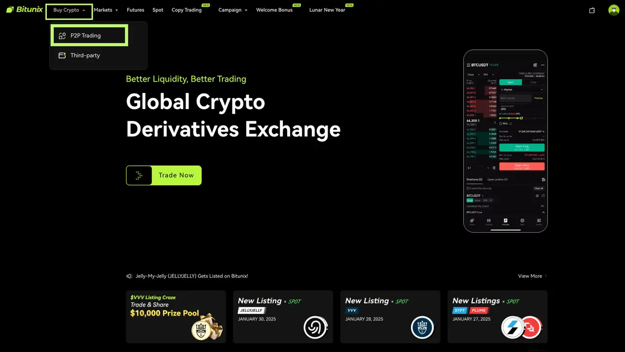 Bitunix A dark-themed website homepage for a global crypto derivatives exchange, featuring P2P trading, a “Trade Now” button, promotional text, and a smartphone displaying the trading app. New crypto listings and rewards appear at the bottom.