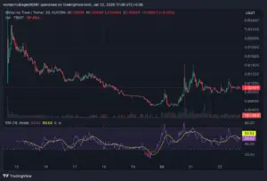 Bitunix A candlestick chart shows Shiba Inu Treat (TREAT/USDT) price movements on KUCOIN over several days in January 2025, with the price mostly declining. Below, an RSI indicator oscillates between 18 and 60.