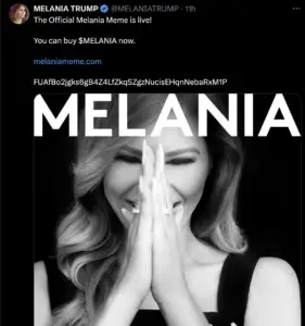 Bitunix A black-and-white photo of Melania Trump smiling with her hands pressed together in front of her face. Large white text above her reads MELANIA. The tweet promotes the Melania Meme cryptocurrency.