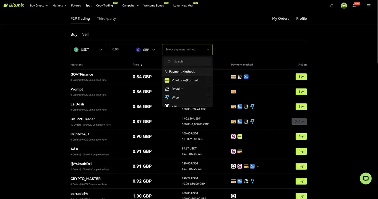 Bitunix Screenshot of a P2P trading cryptocurrency platform displaying sellers offering USDT for GBP. Payment methods are filtered in a dropdown menu, showing each seller’s rate, limits, and options beside a Buy button.