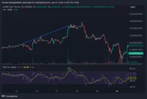 Bitunix A TradingView chart shows SHIBA INU/USDT price movements with a spike and drop, candlesticks, volume bars, and RSI indicator below. The price peaks near 0.000021620, with the RSI hitting 70 and dropping to 40.