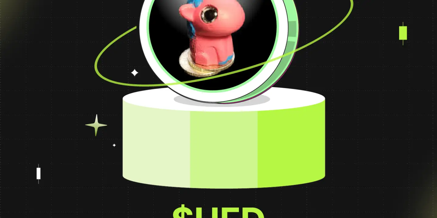 Bitunix A round podium displays a cartoonish pink unicorn head with a yellow horn inside a glowing orb. Below, bold text reads $UFD Unicorn Fart Dust on a black grid background with green accents and stars.