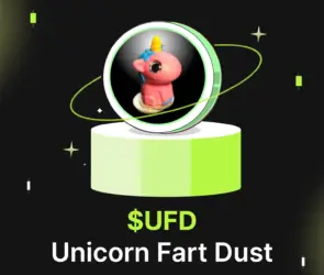 Bitunix A round podium displays a cartoonish pink unicorn head with a yellow horn inside a glowing orb. Below, bold text reads $UFD Unicorn Fart Dust on a black grid background with green accents and stars.