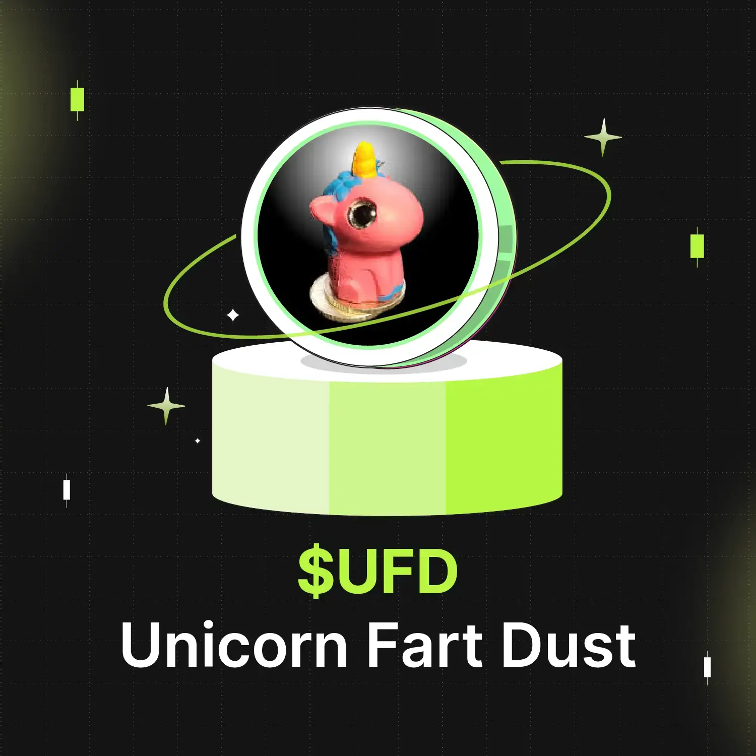 Bitunix A round podium displays a cartoonish pink unicorn head with a yellow horn inside a glowing orb. Below, bold text reads $UFD Unicorn Fart Dust on a black grid background with green accents and stars.